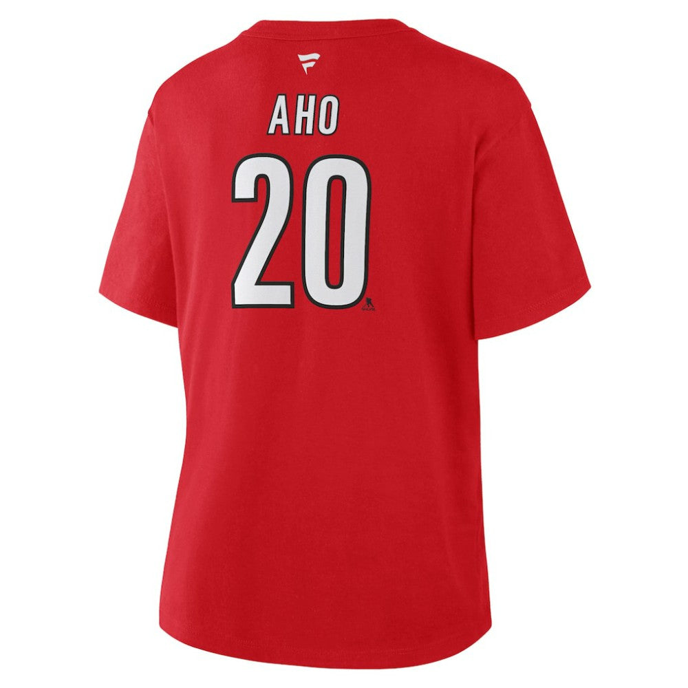 NHL Red Sebastian Aho Carolina Hurricanes Fanatics Women's Authentic Stack Name & Number T-Shirt