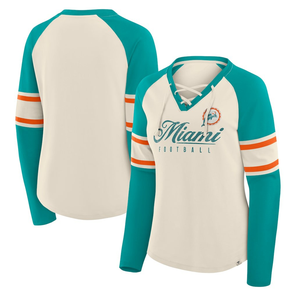 Women's Hometown Gridiron Hero Raglan Lace-Up V-Neck Long Sleeve T-Shirt - Miami Dolphins