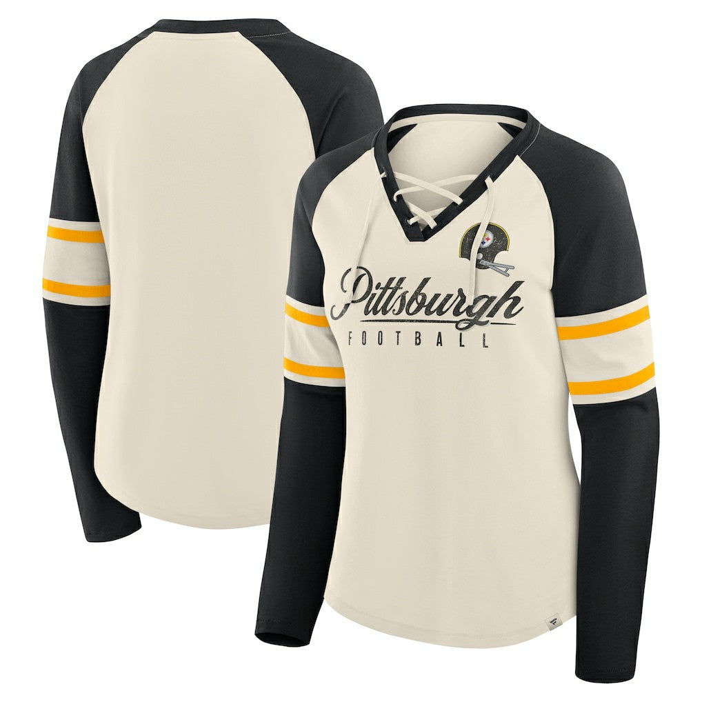 Women's Hometown Gridiron Hero Raglan Lace-Up V-Neck Long Sleeve T-Shirt - Pittsburgh Steelers