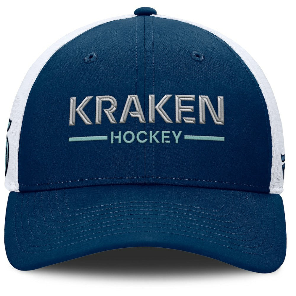 NHL Deep Sea Blue/White Seattle Kraken Fanatics Authentic Pro Rink Lockup Adjustable Trucker Hat