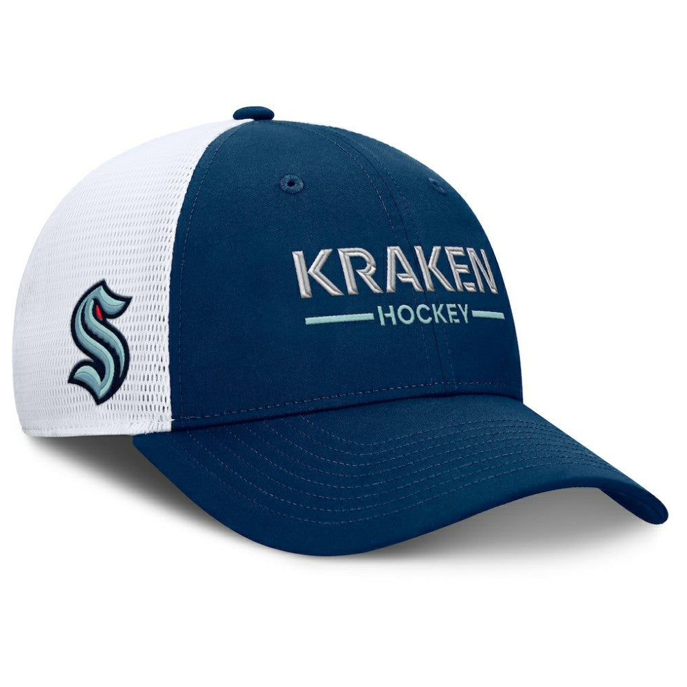 NHL Deep Sea Blue/White Seattle Kraken Fanatics Authentic Pro Rink Lockup Adjustable Trucker Hat