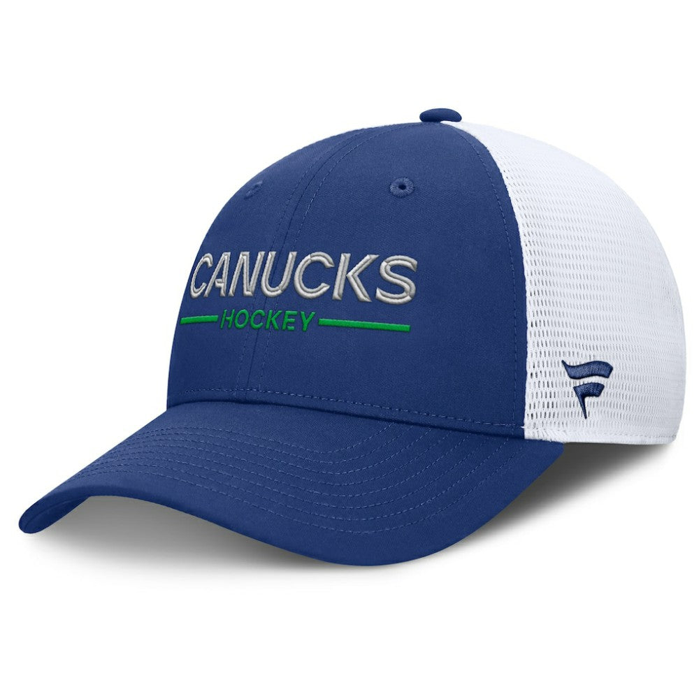 NHL Blue/White Vancouver Canucks Fanatics Authentic Pro Rink Lockup Adjustable Trucker Hat
