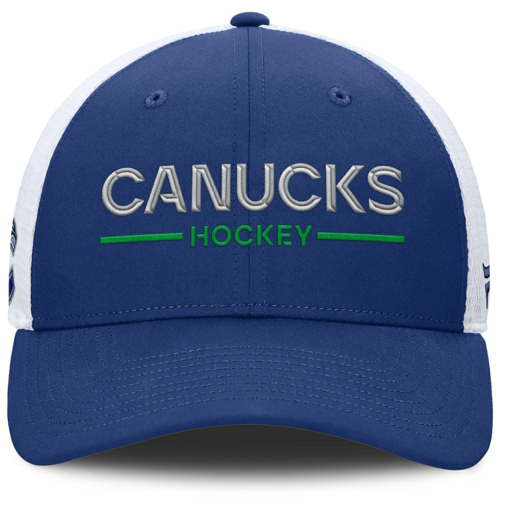 NHL Blue/White Vancouver Canucks Fanatics Authentic Pro Rink Lockup Adjustable Trucker Hat