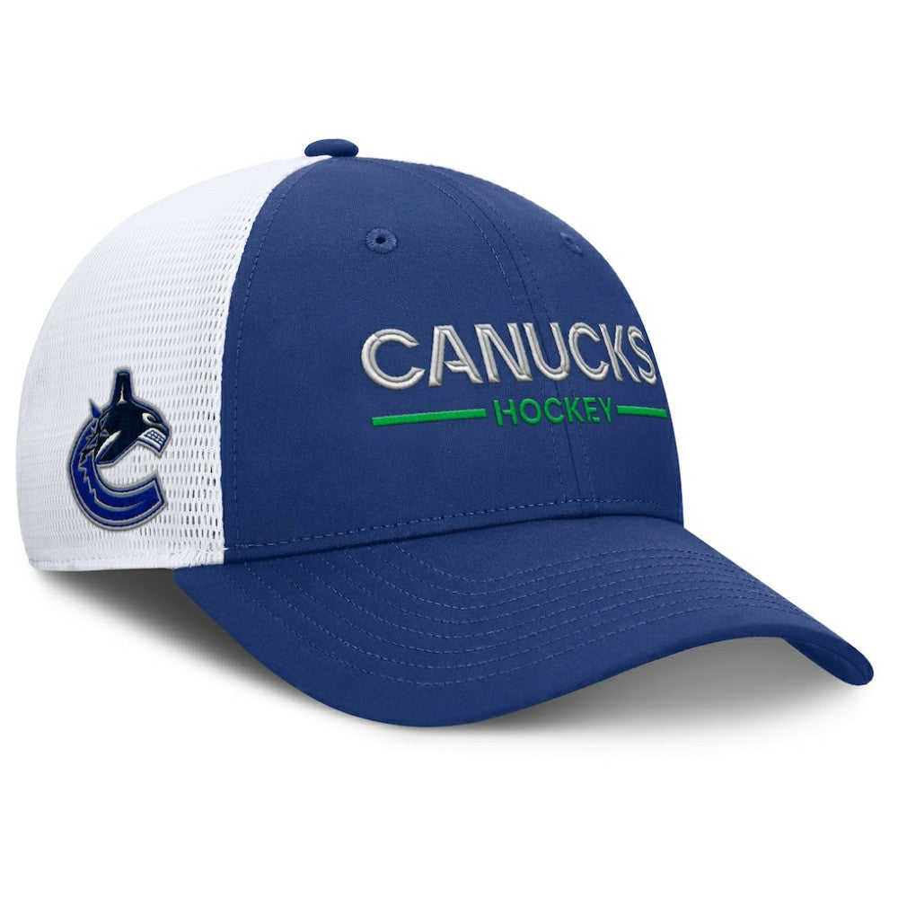 NHL Blue/White Vancouver Canucks Fanatics Authentic Pro Rink Lockup Adjustable Trucker Hat