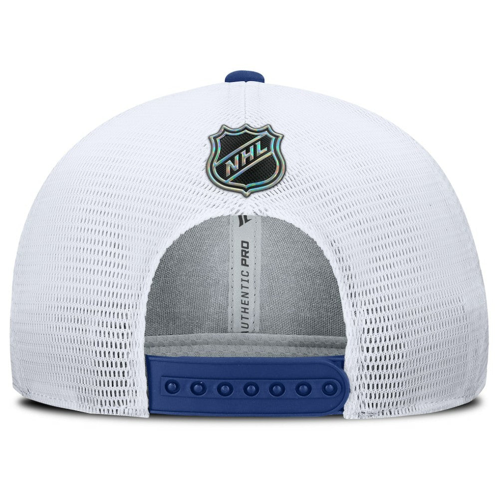 NHL Blue/White Vancouver Canucks Fanatics Authentic Pro Rink Lockup Adjustable Trucker Hat