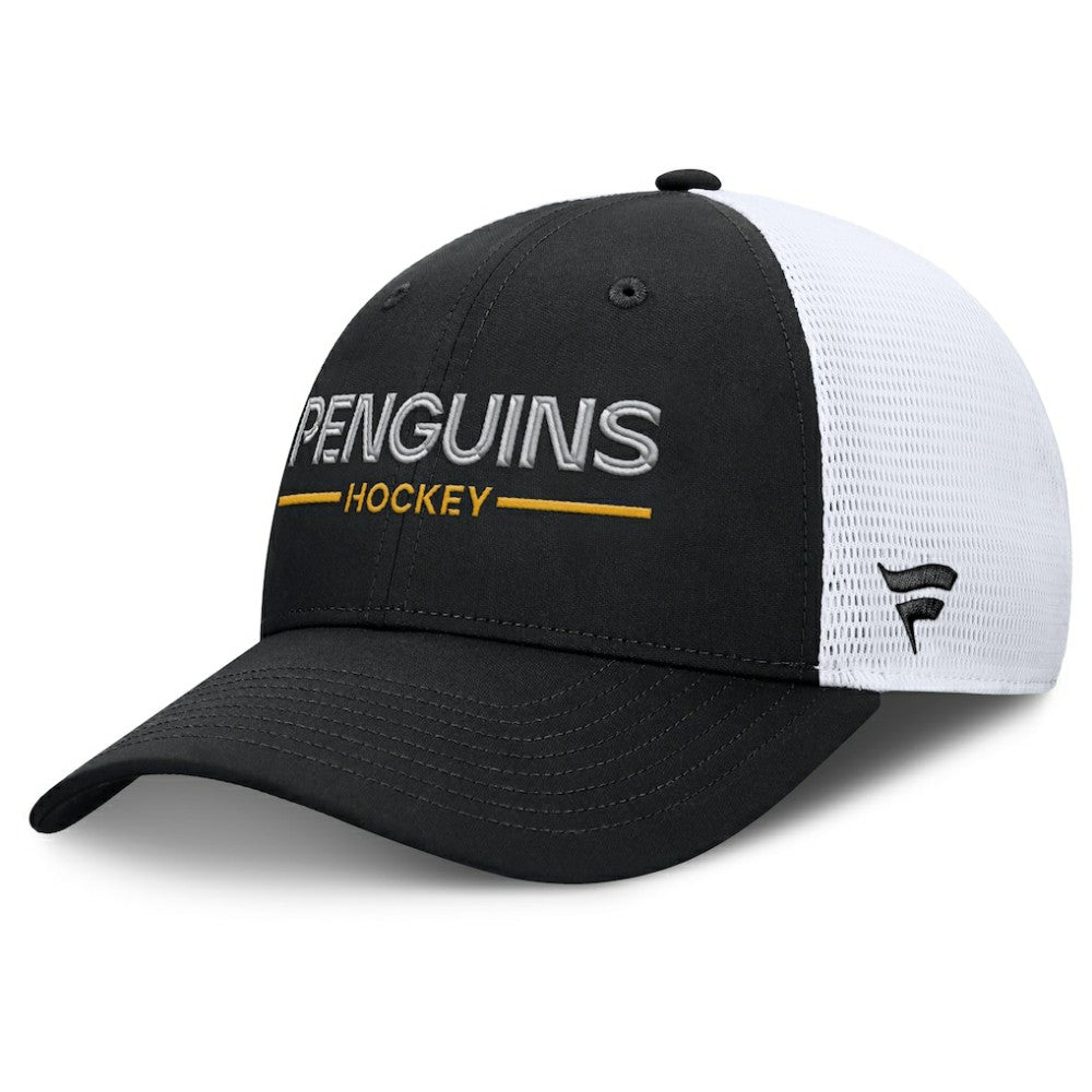 NHL Black/White Pittsburgh Penguins Fanatics Authentic Pro Rink Lockup Adjustable Trucker Hat