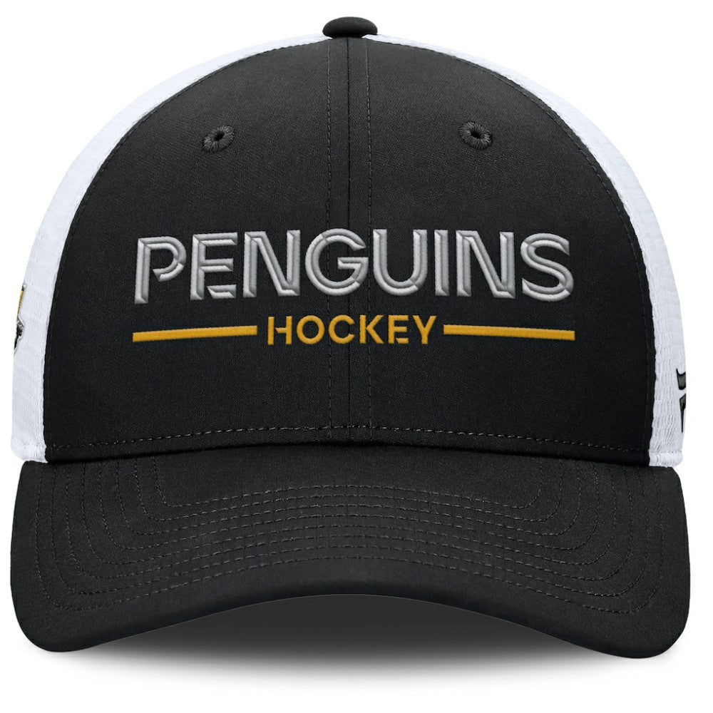 NHL Black/White Pittsburgh Penguins Fanatics Authentic Pro Rink Lockup Adjustable Trucker Hat