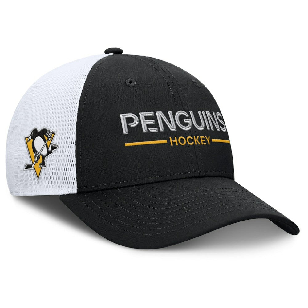 NHL Black/White Pittsburgh Penguins Fanatics Authentic Pro Rink Lockup Adjustable Trucker Hat
