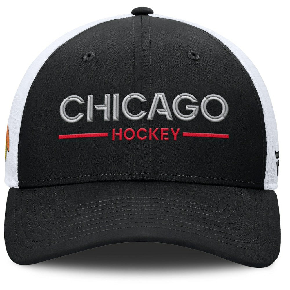 NHL Black/White Chicago Blackhawks Fanatics Authentic Pro Rink Lockup Adjustable Trucker Hat