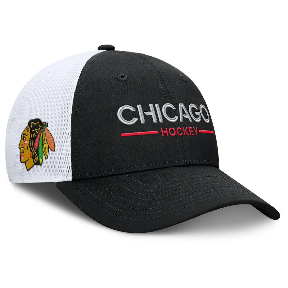 NHL Black/White Chicago Blackhawks Fanatics Authentic Pro Rink Lockup Adjustable Trucker Hat