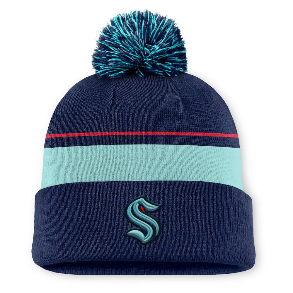 NHL Deep Sea Blue Seattle Kraken Fanatics Authentic Pro Rink Cuffed Knit Hat with Pom