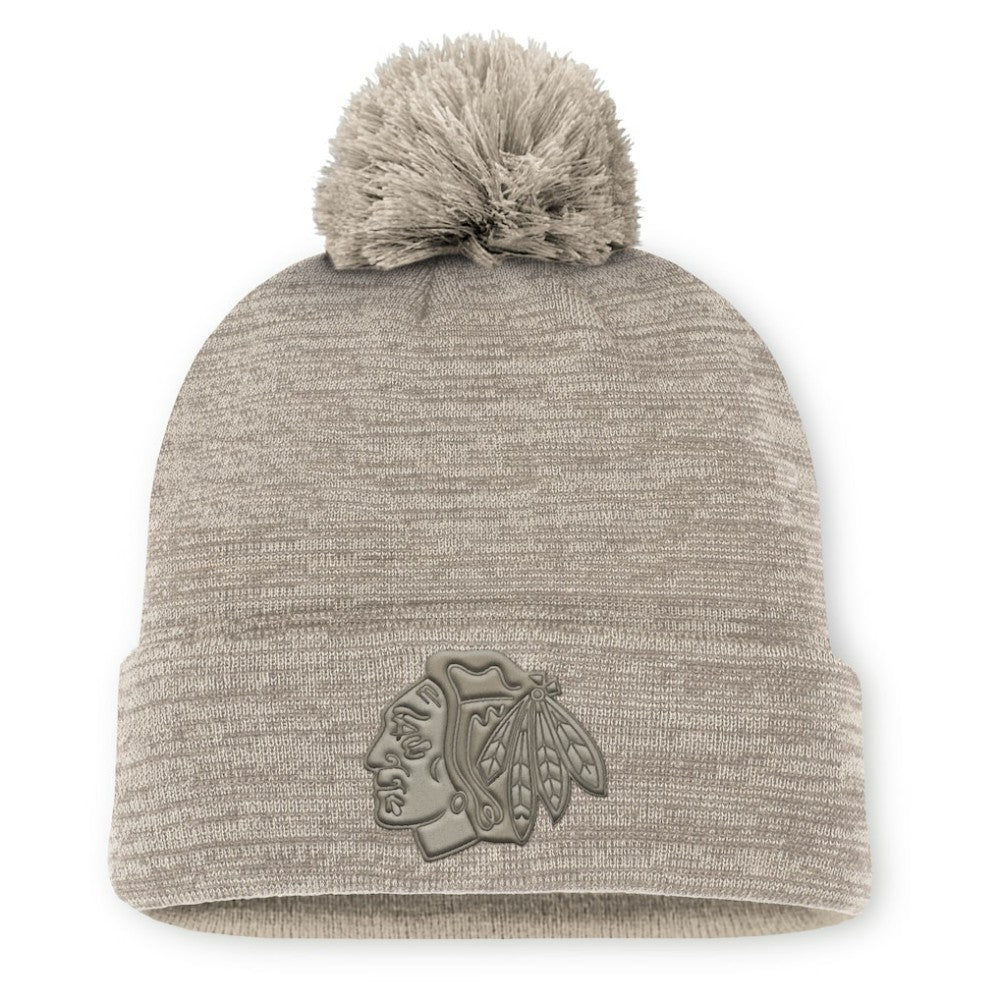 NHL Tan Chicago Blackhawks Fanatics Authentic Pro Road Cuffed Knit Hat with Pom