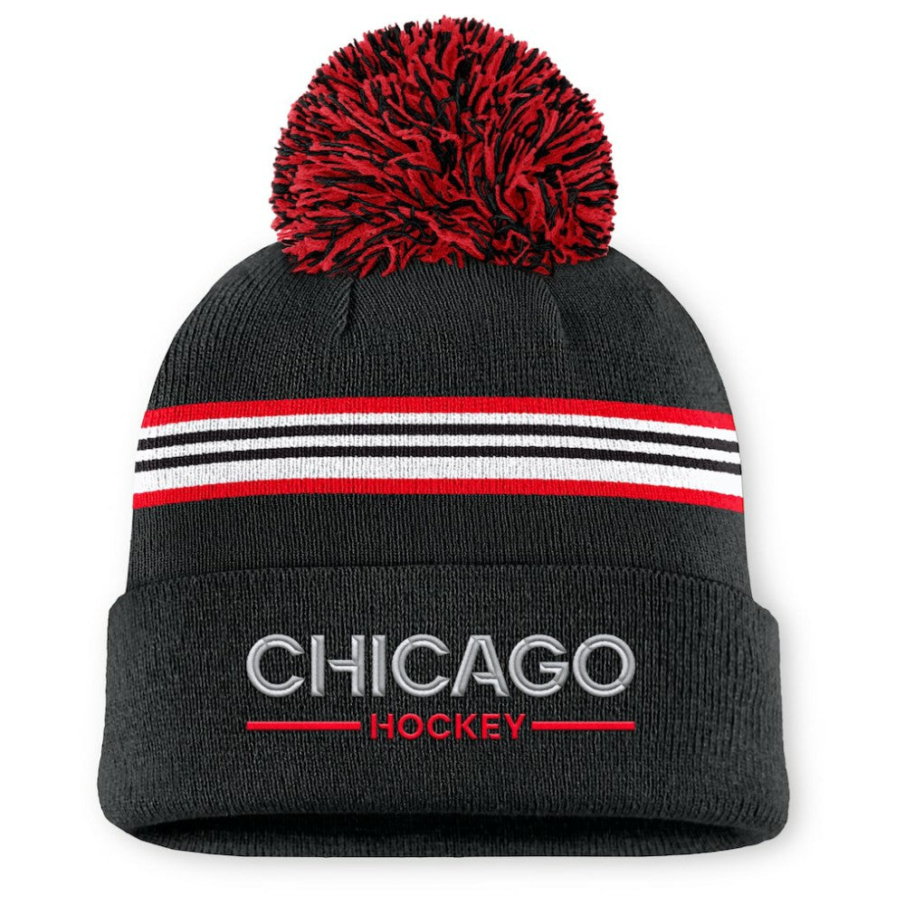 NHL Black Chicago Blackhawks Fanatics Women's Authentic Pro Rink Cuffed Knit Hat with Pom