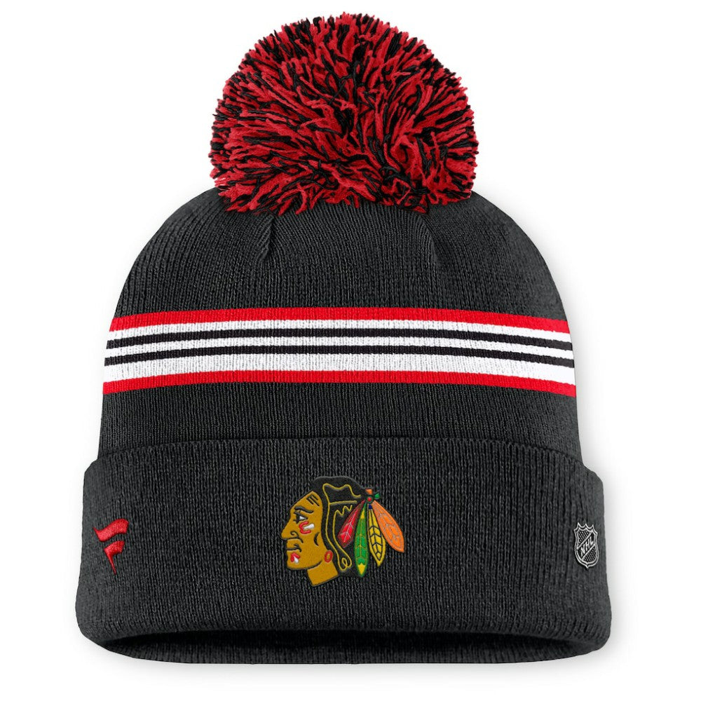 NHL Black Chicago Blackhawks Fanatics Women's Authentic Pro Rink Cuffed Knit Hat with Pom