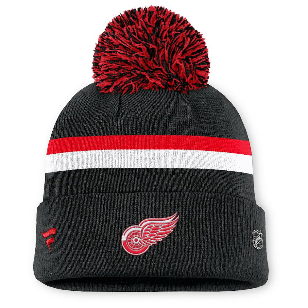 NHL Black Detroit Red Wings Fanatics Women's Authentic Pro Rink Cuffed Knit Hat with Pom
