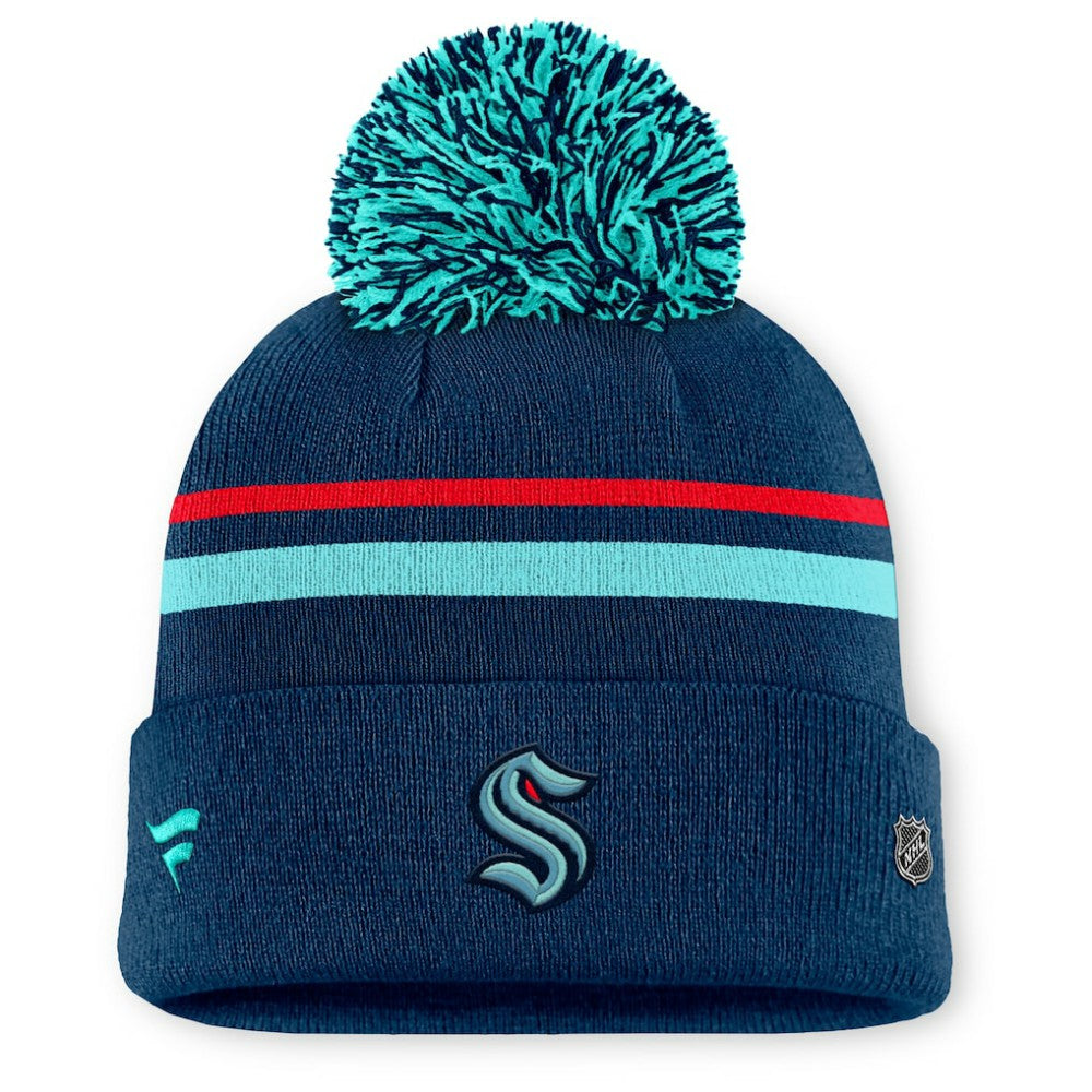 NHL Deep Sea Blue Seattle Kraken Fanatics Women's Authentic Pro Rink Cuffed Knit Hat with Pom