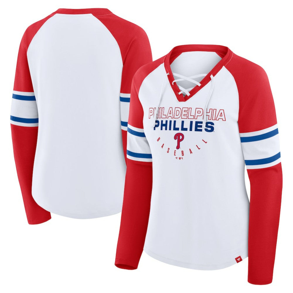 MLB Philadelphia Phillies Fanatics Women's Blitz Package Raglan Lace-Up V-Neck Long Sleeve T-Shirt