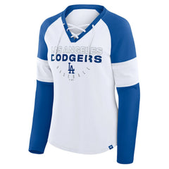 MLB Los Angeles Dodgers Fanatics Women's Blitz Package Raglan Lace-Up V-Neck Long Sleeve T-Shirt