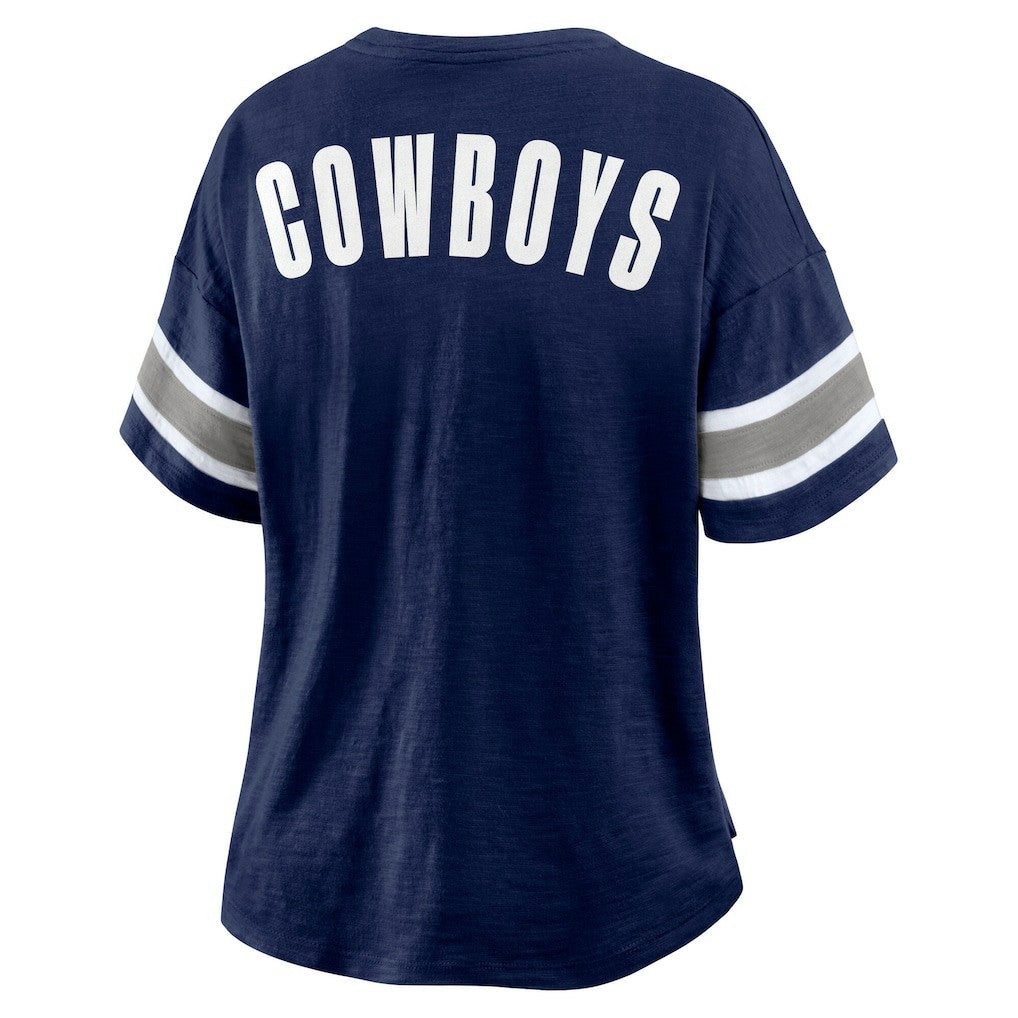 Women's Redzone Bling Stripe Sleeve Notch Neck T-Shirt - Dallas Cowboys