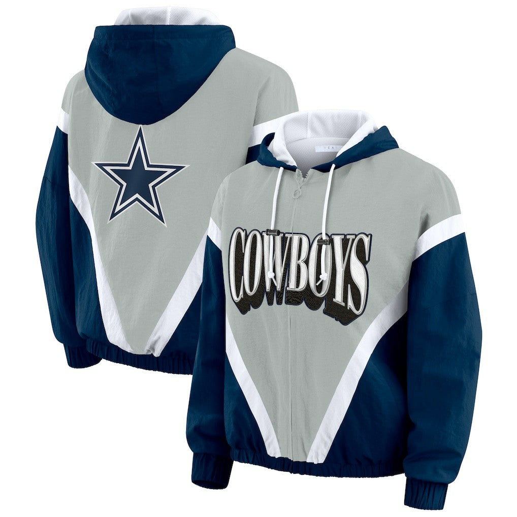 WEAR by Erin Andrews Women's Plus Size Retro Crinkle Full-Zip Hoodie Windbreaker Jacket - Dallas Cowboys
