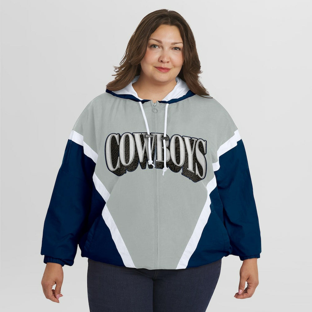 WEAR by Erin Andrews Women's Plus Size Retro Crinkle Full-Zip Hoodie Windbreaker Jacket - Dallas Cowboys