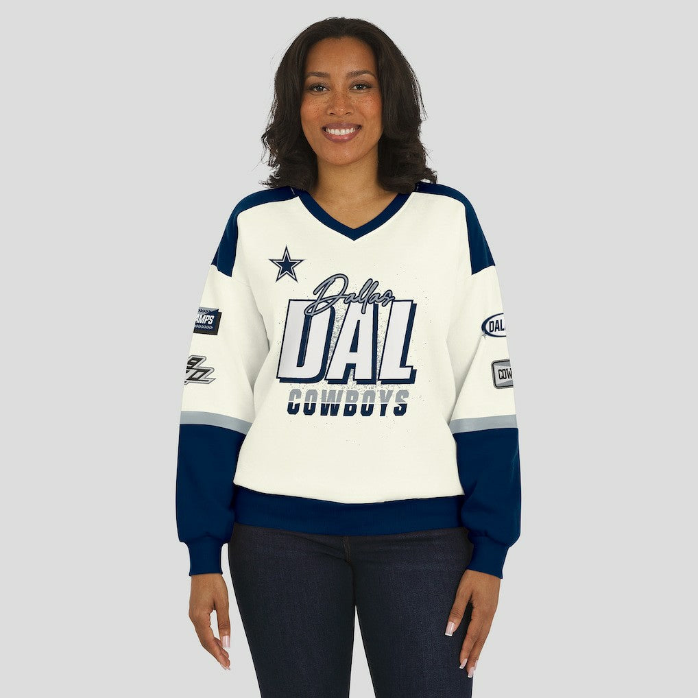 WEAR by Erin Andrews Women's Racing Crew V-Neck Sweatshirt - Dallas Cowboys