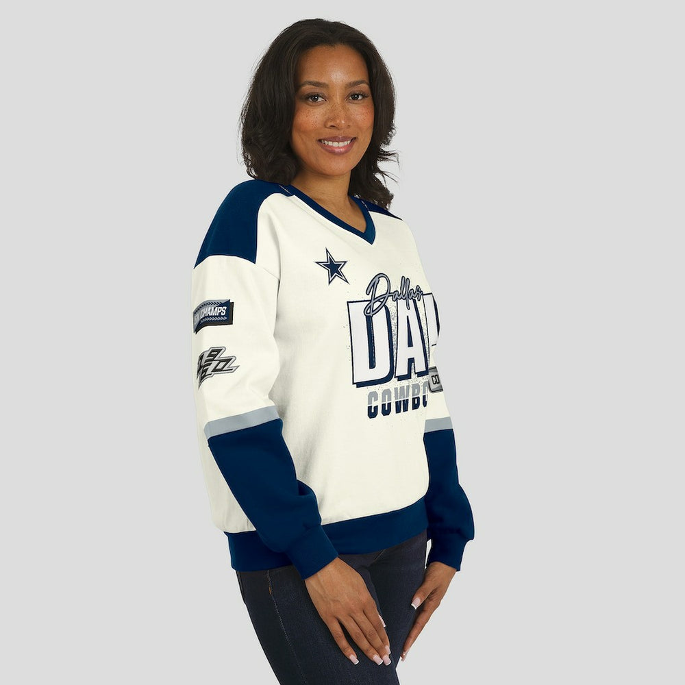 WEAR by Erin Andrews Women's Racing Crew V-Neck Sweatshirt - Dallas Cowboys