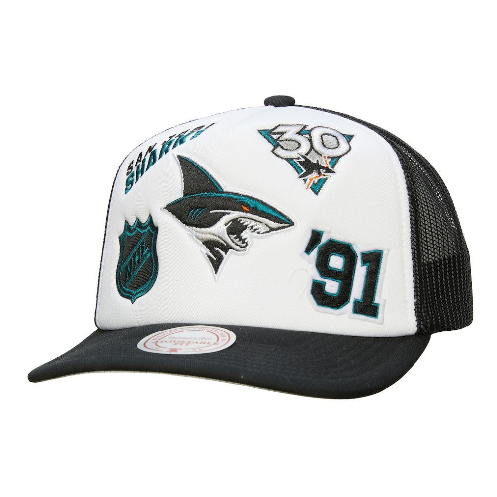 NHL White/Black San Jose Sharks Mitchell & Ness Gridlock Trucker Adjustable Hat