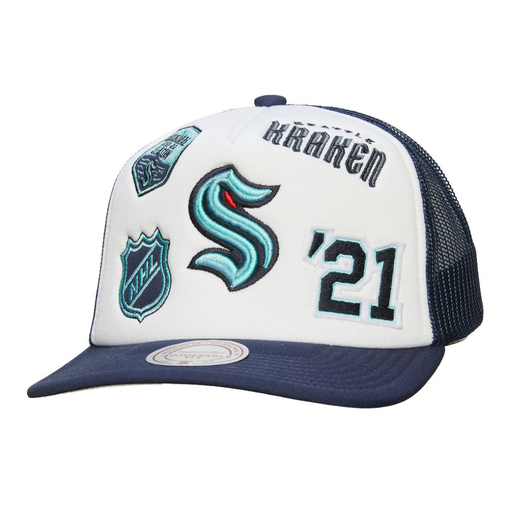 NHL White/Deep Sea Blue Seattle Kraken Mitchell & Ness Gridlock Trucker Adjustable Hat