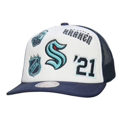 NHL White/Deep Sea Blue Seattle Kraken Mitchell & Ness Gridlock Trucker Adjustable Hat