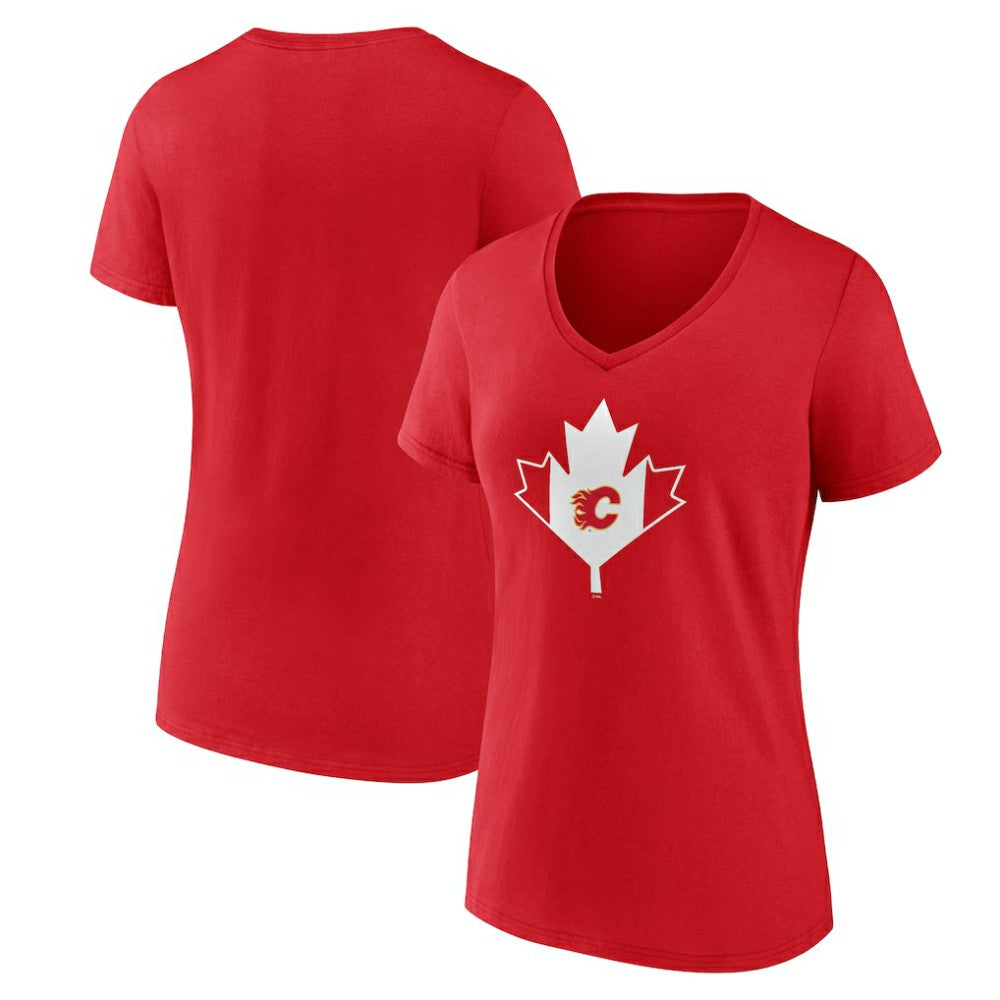 NHL Red Calgary Flames Women's Canada Day V-Neck T-Shirt