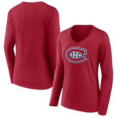 NHL Red Montreal Canadiens Women's Primary Logo Long Sleeve V-Neck T-Shirt