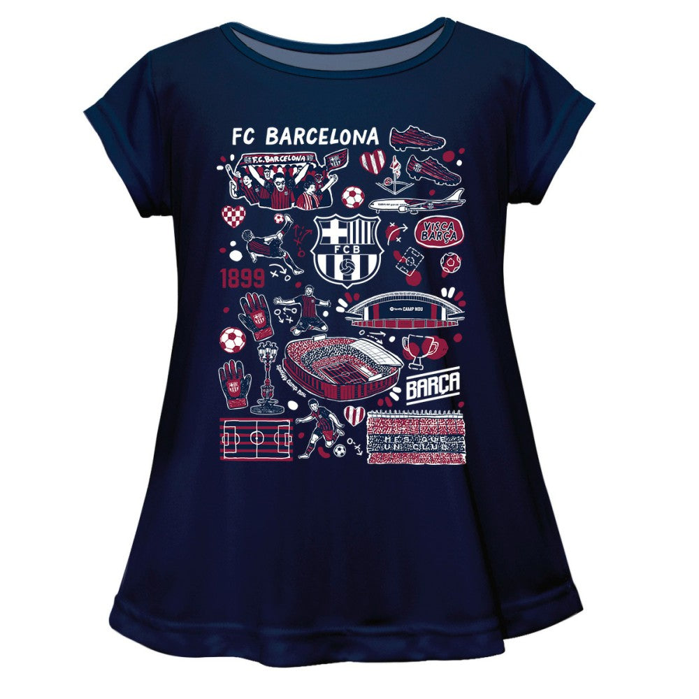 Barcelona Vive La Fete Girls Youth Impressions Artwork A-Line Top -  Navy