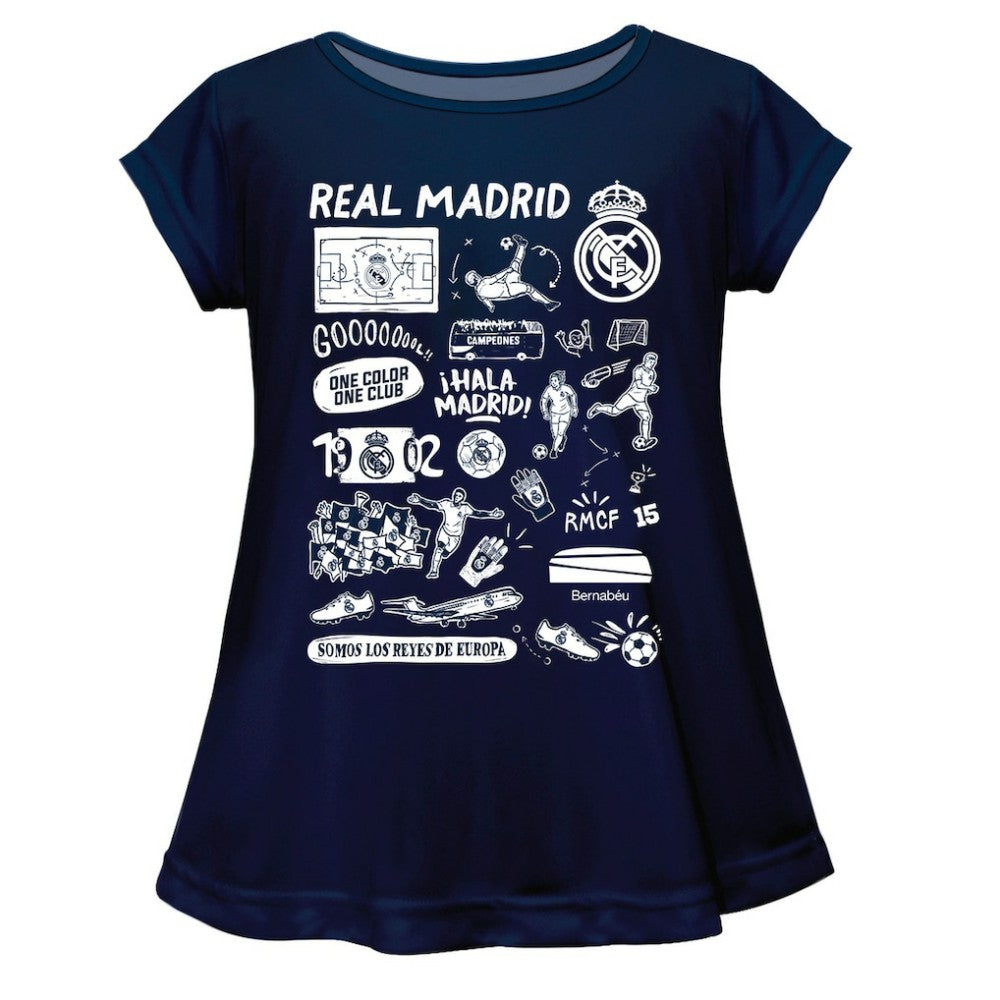 Real Madrid Vive La Fete Girls Youth Impressions Artwork A-Line Top -  Navy