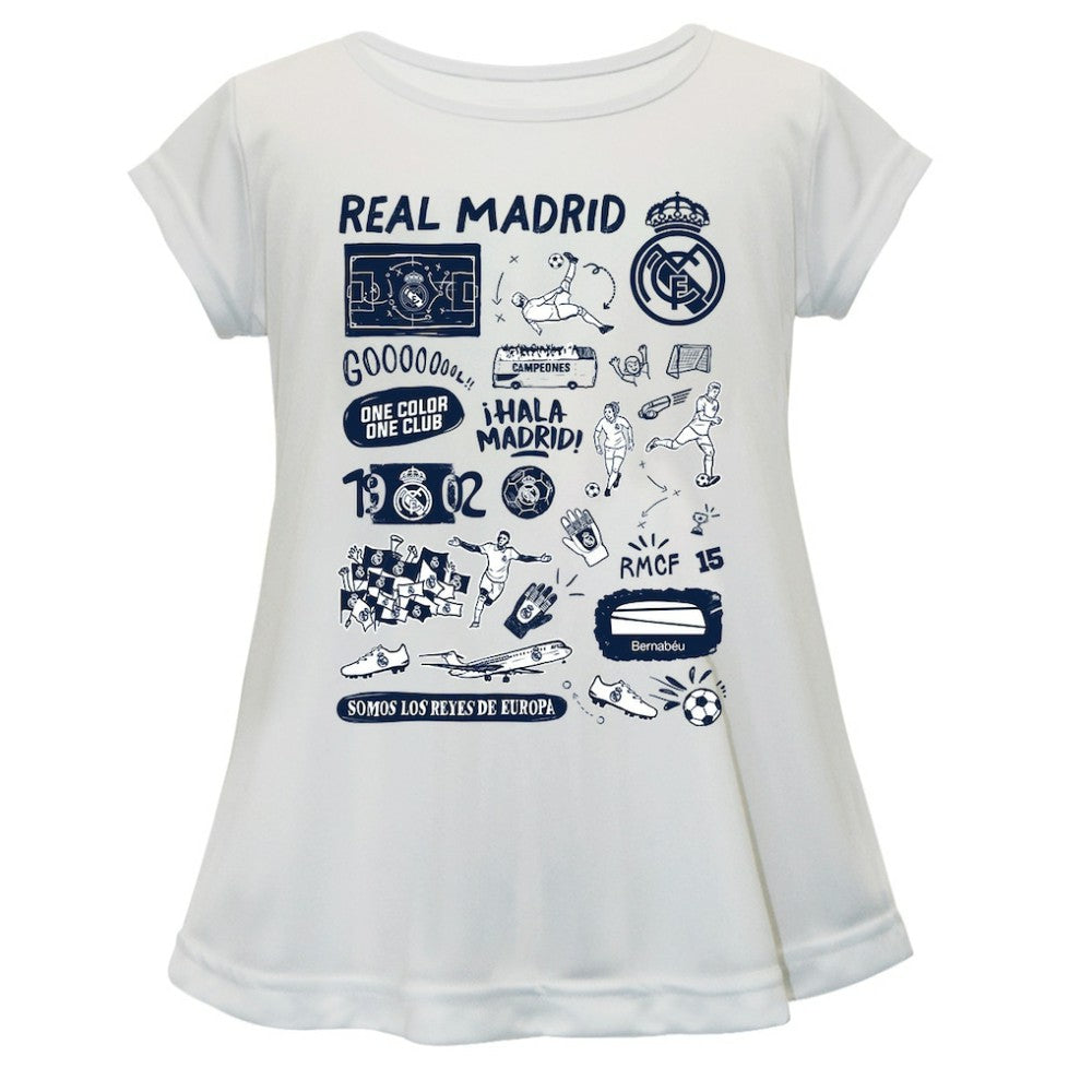 Real Madrid Vive La Fete Girls Youth Impressions Artwork A-Line Top -  White