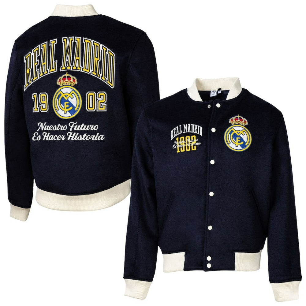 Real Madrid Sport Design Sweden Free Kick Wool Varsity Jacket -  Navy