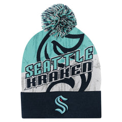 NHL Navy Seattle Kraken Outerstuff Youth New Edge Cuffed Knit Hat with Pom