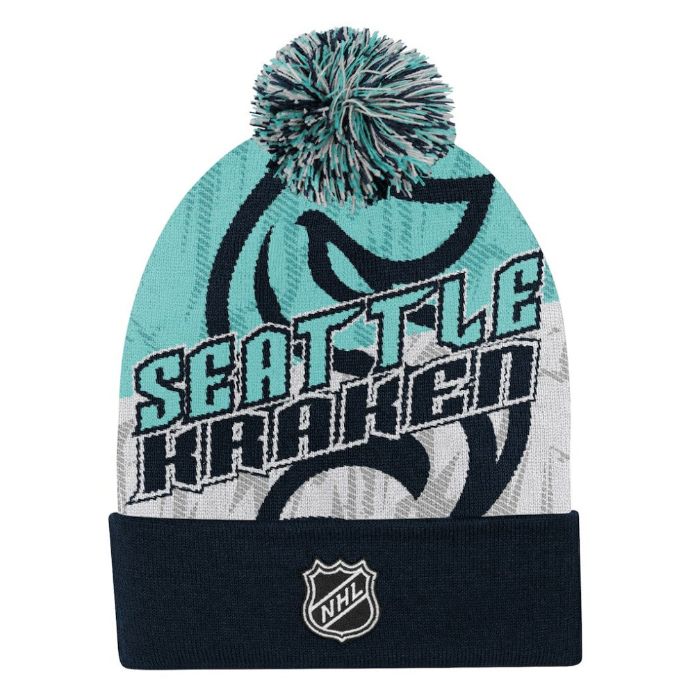 NHL Navy Seattle Kraken Outerstuff Youth New Edge Cuffed Knit Hat with Pom