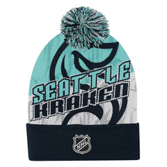 NHL Navy Seattle Kraken Outerstuff Youth New Edge Cuffed Knit Hat with Pom