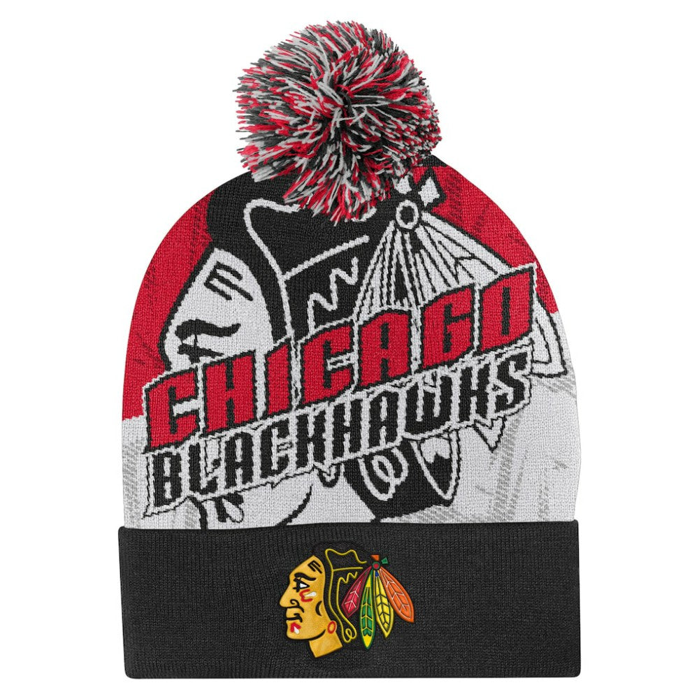 NHL Red Chicago Blackhawks Outerstuff Youth New Edge Cuffed Knit Hat with Pom