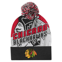 NHL Red Chicago Blackhawks Outerstuff Youth New Edge Cuffed Knit Hat with Pom