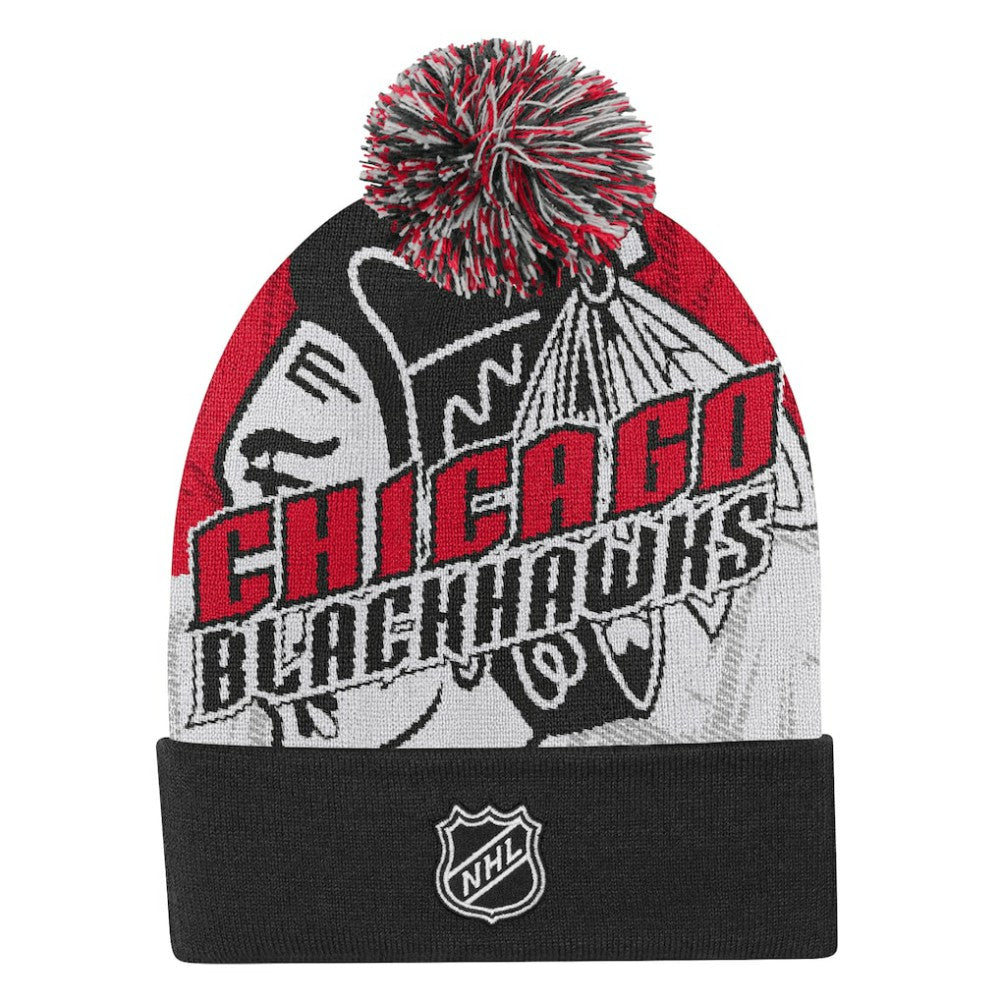 NHL Red Chicago Blackhawks Outerstuff Youth New Edge Cuffed Knit Hat with Pom