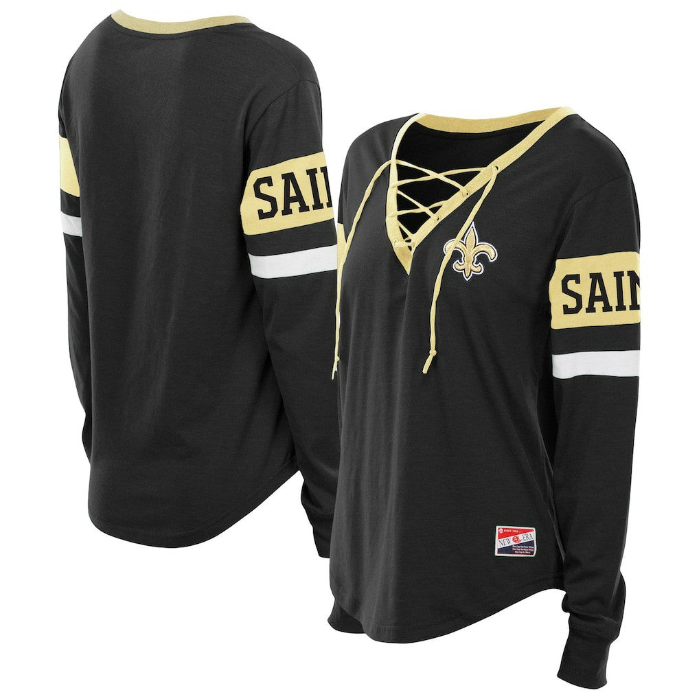 Women's Plus Size Throwback Lace-Up Long Sleeve T-Shirt - New Orleans Saints