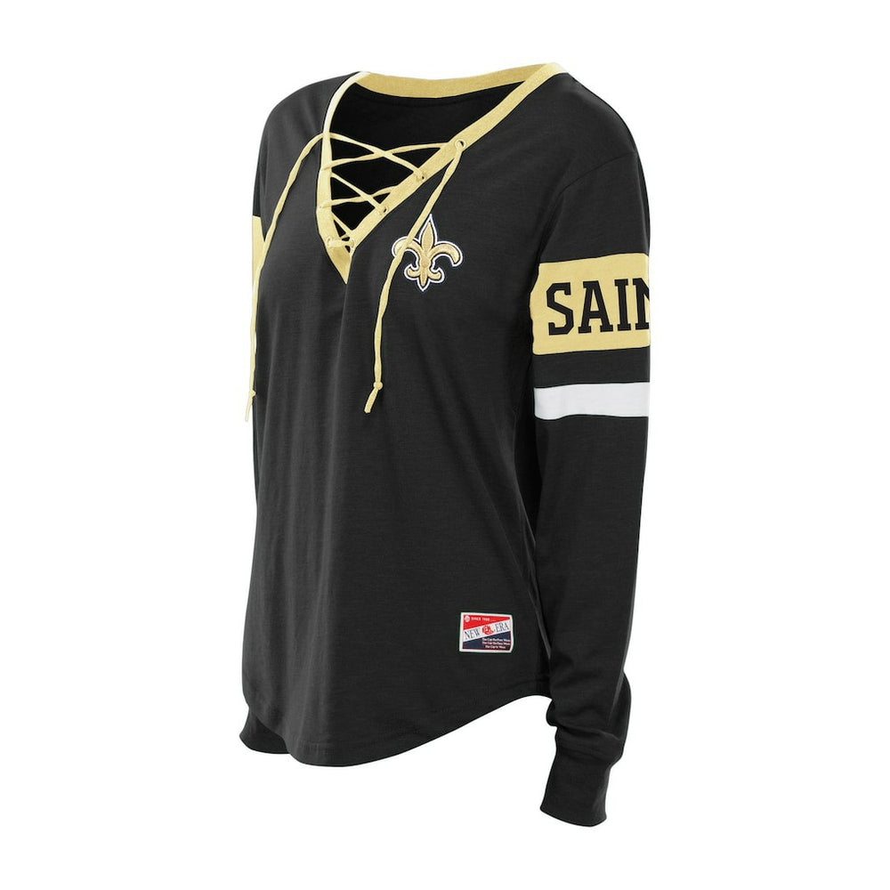 Women's Plus Size Throwback Lace-Up Long Sleeve T-Shirt - New Orleans Saints