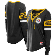 Women's Plus Size Throwback Lace-Up Long Sleeve T-Shirt - Pittsburgh Steelers