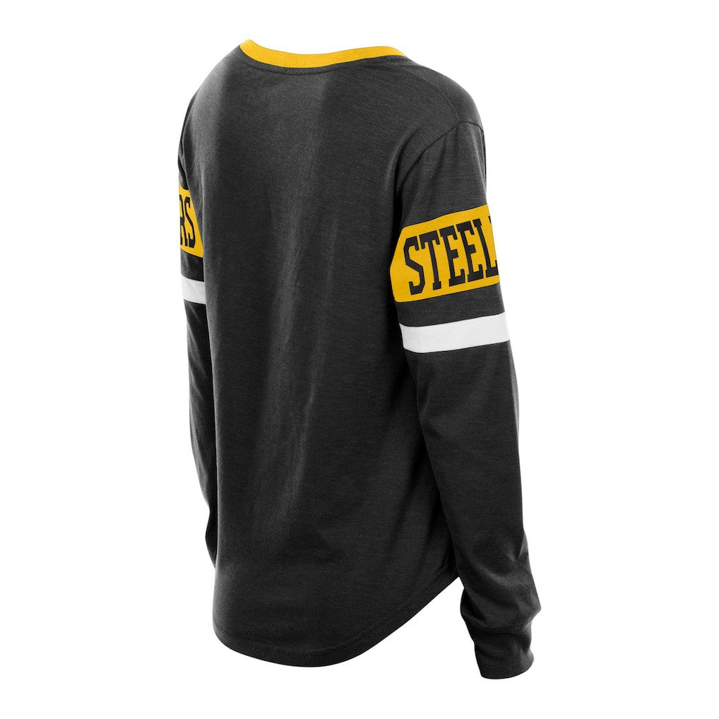 Women's Plus Size Throwback Lace-Up Long Sleeve T-Shirt - Pittsburgh Steelers
