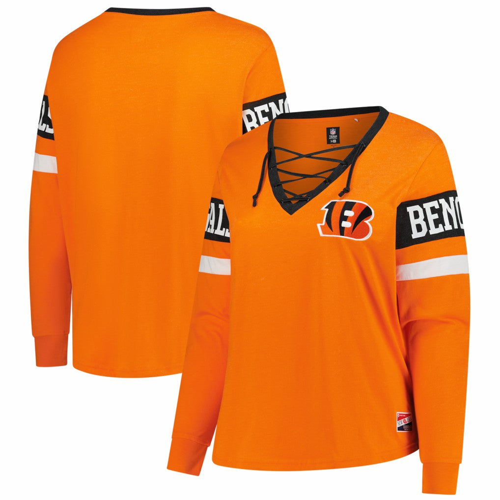 Women's Plus Size Throwback Lace-Up Long Sleeve T-Shirt - Cincinnati Bengals