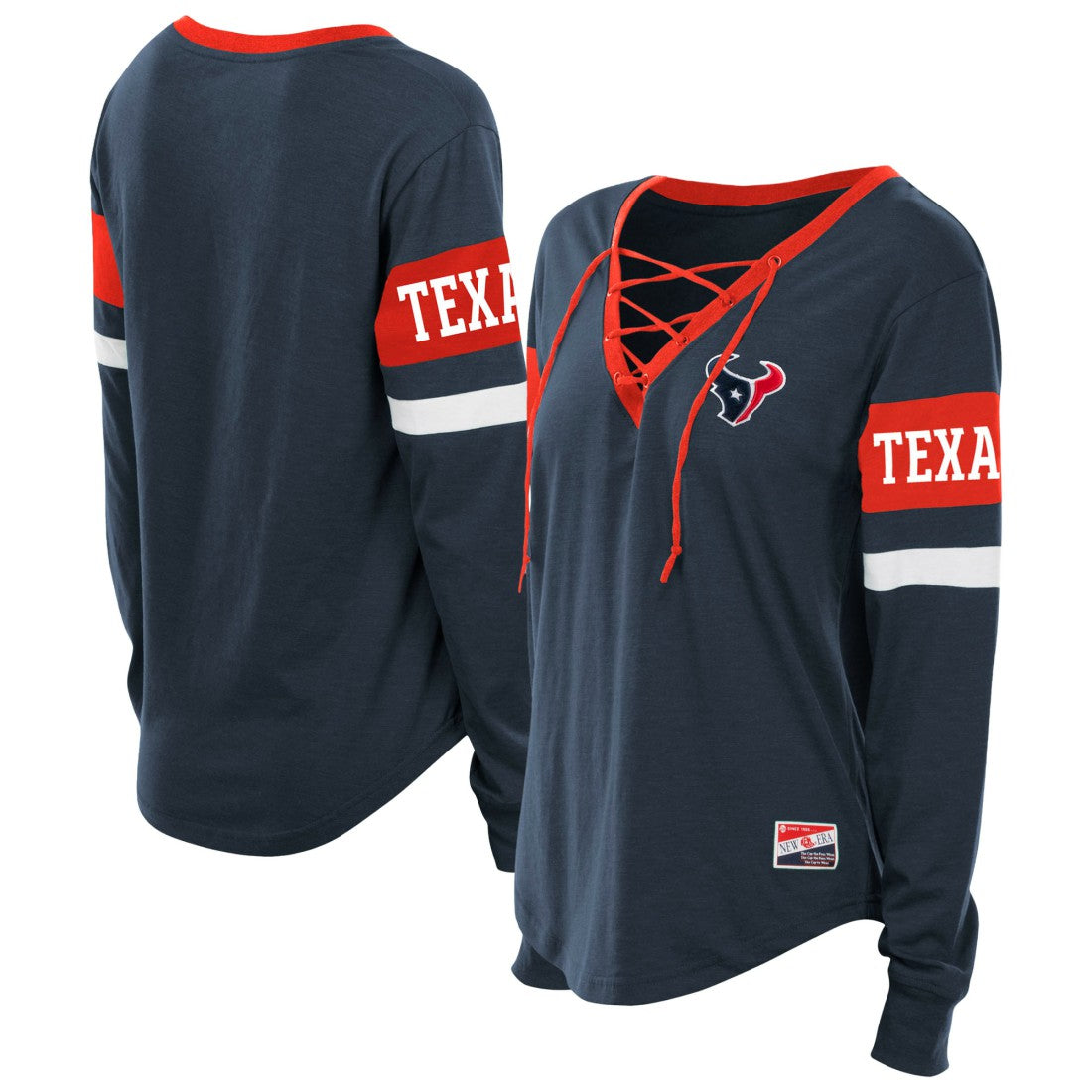 Women's Plus Size Throwback Lace-Up Long Sleeve T-Shirt - Houston Texans