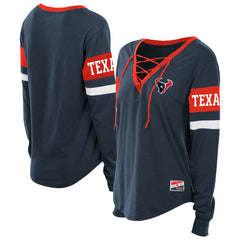 Women's Plus Size Throwback Lace-Up Long Sleeve T-Shirt - Houston Texans