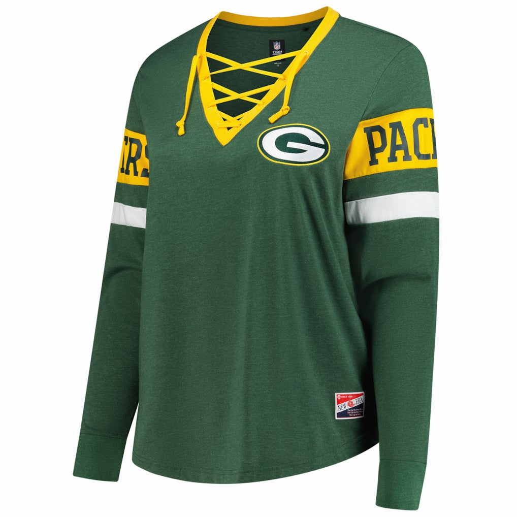 Women's Plus Size Throwback Lace-Up Long Sleeve T-Shirt - Green Bay Packers